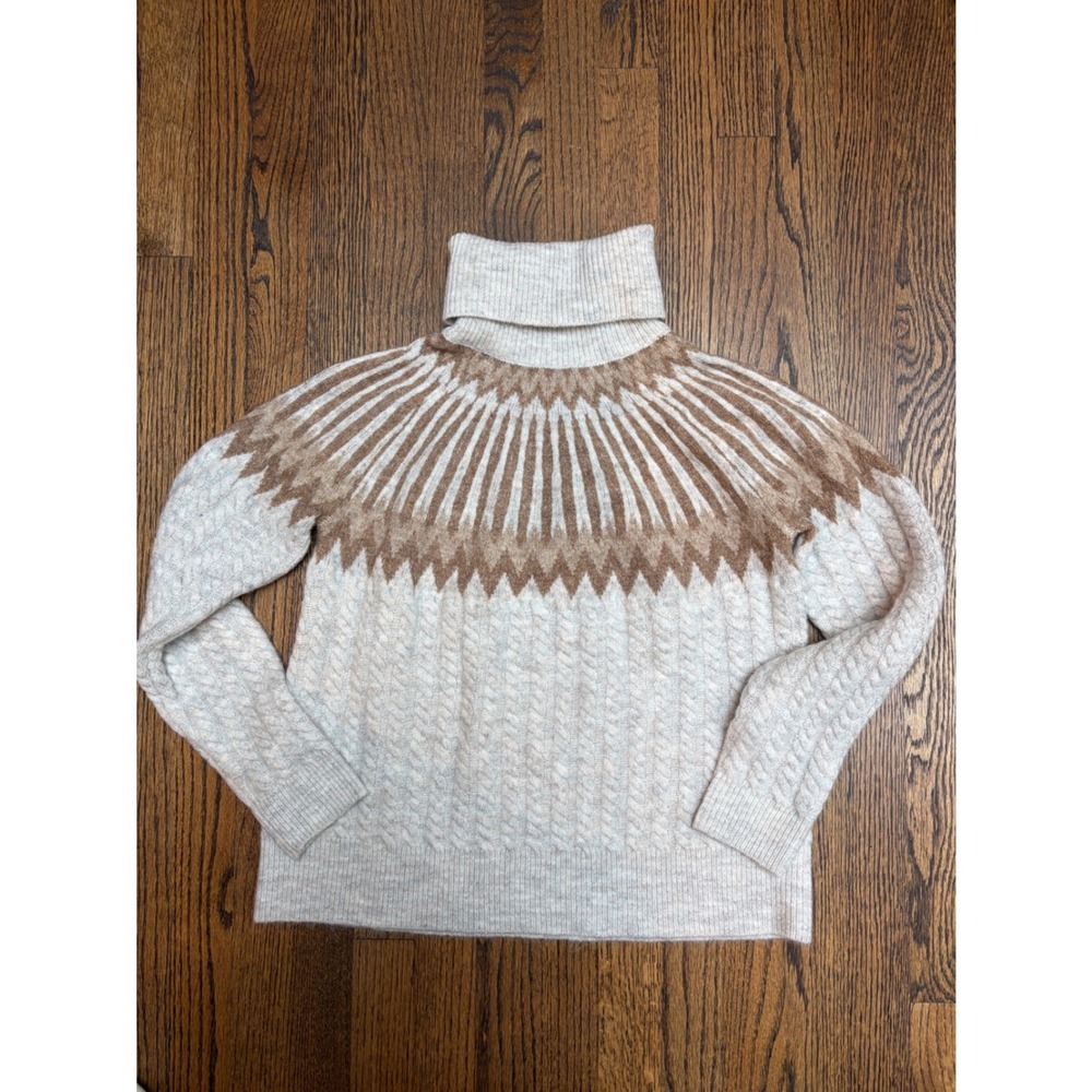 Evereve Turtleneck Sweater XS Cream Tan Fair Isle Cable Knit Cabincore Rustic